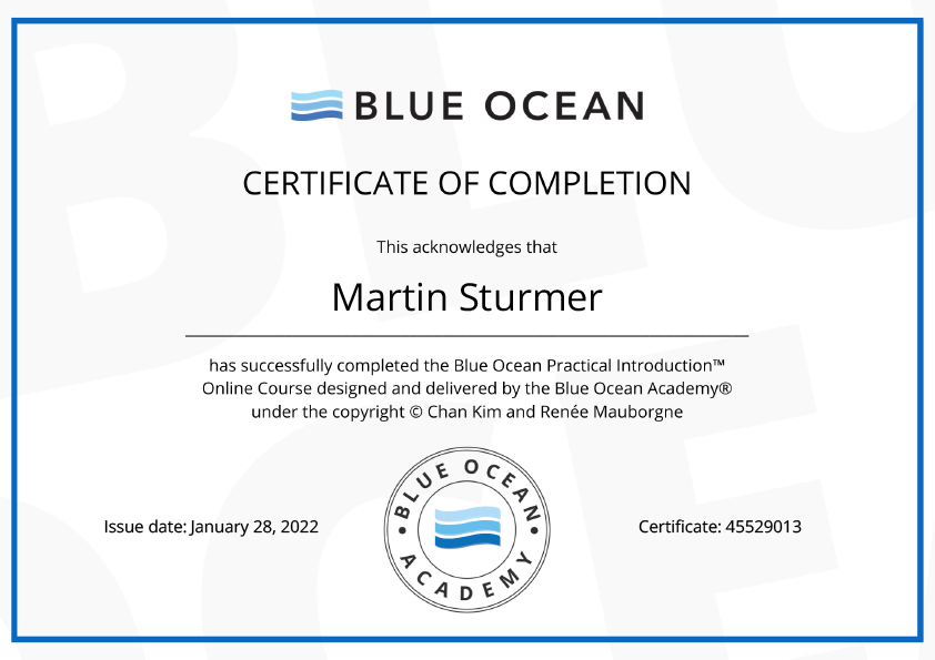 Zertifikat der Blue Ocean Academy