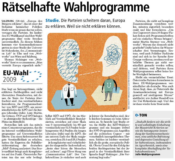 Salzburger Nachrichten: Rätselhafte Wahlprogramme - Beitrag über die Verständlichkeit von Wahlprogrammen zur EU-Wahl 2009