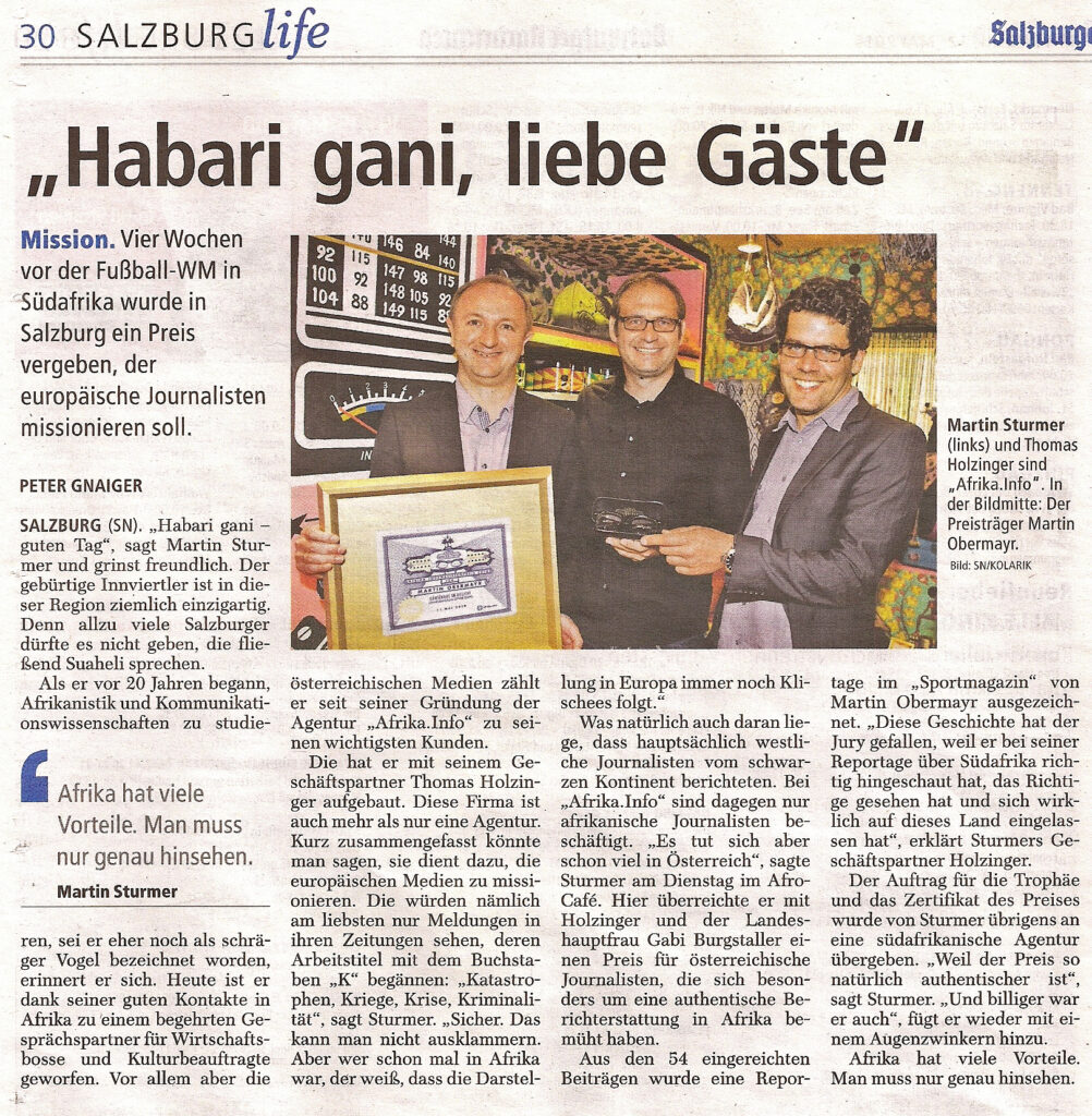 Salzburger Nachrichten: "Habari gani, liebe Gäste" - Beitrag über den Afrika-Preis 2010