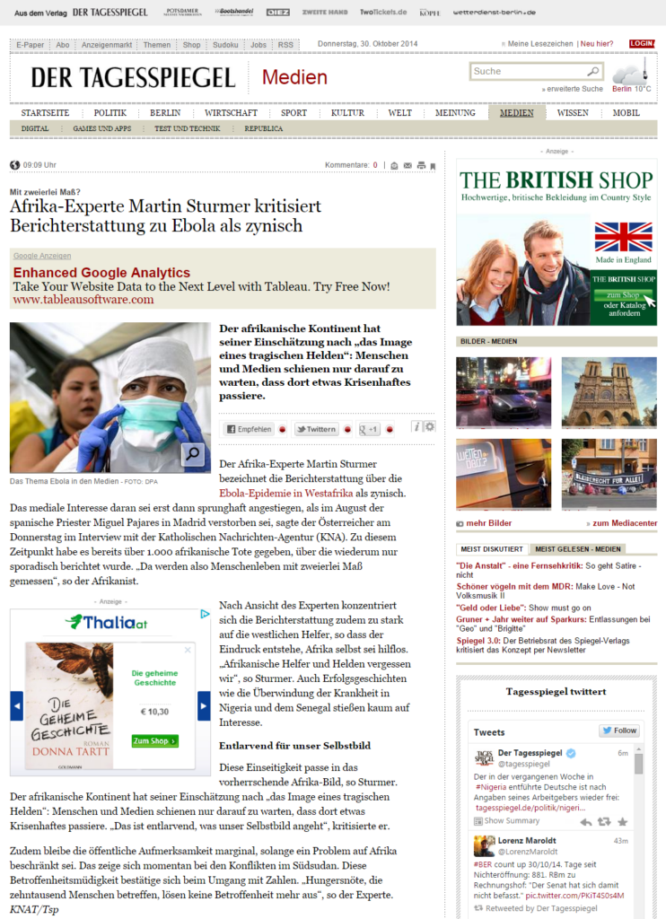 Der Tagesspiegel: Afrika-Experte Martin Sturmer kritsiert Berichterstattung zu Ebola als zynisch