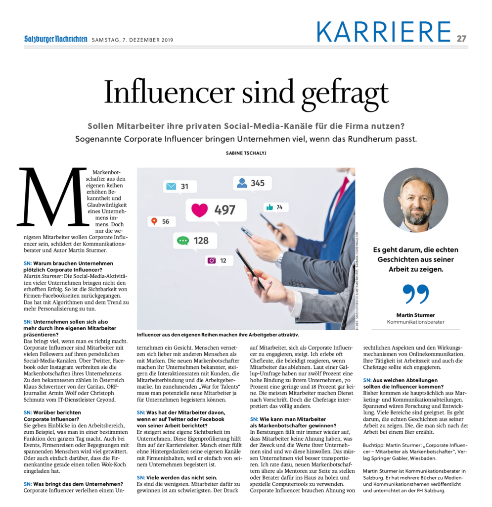 Salzburger Nachrichten: Influencer sind gefragt - Beitrag über das Buch Corporate Influencer von Martin Sturmer
