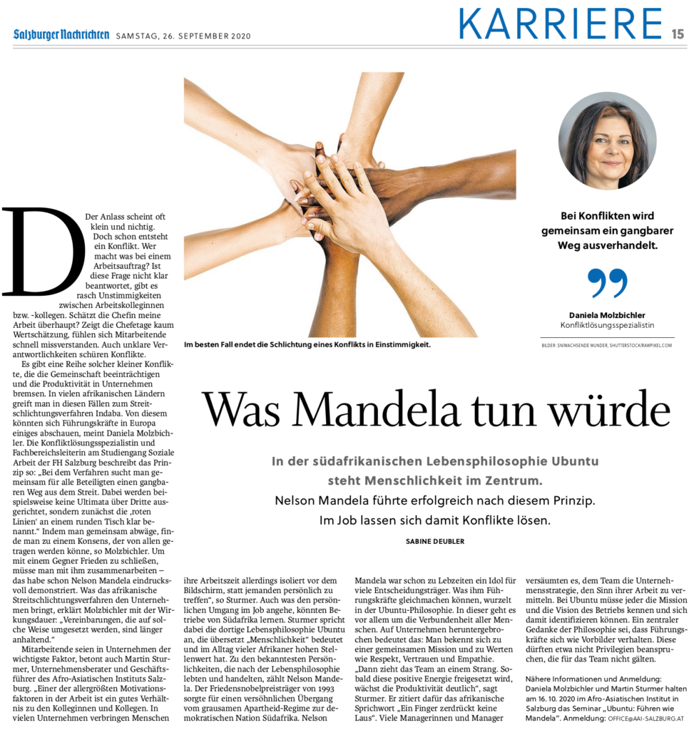 Salzburger Nachrichten: Was Mandela tun würde - Beitrag über Ubuntu und Konfliktlösung